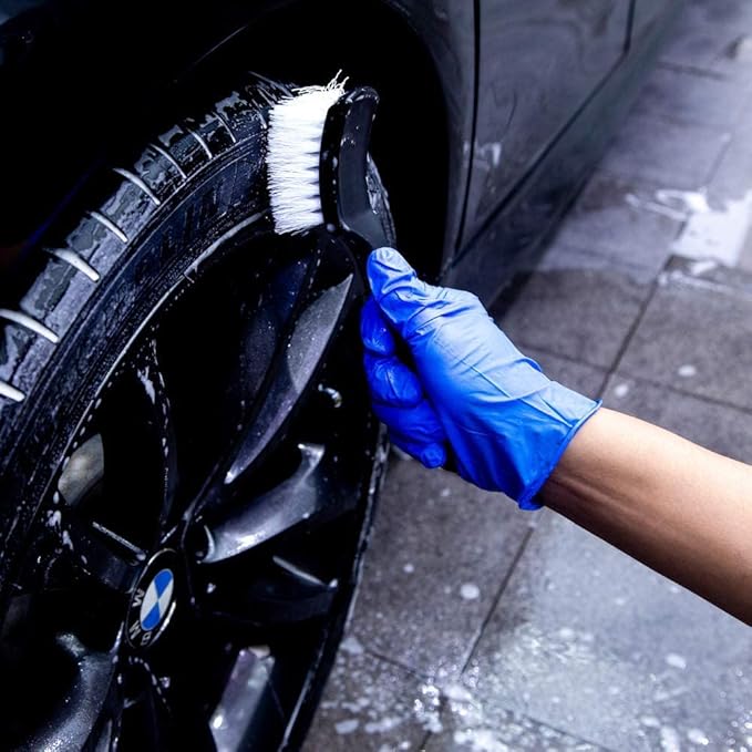 8.5” Nylon Tire Brush, Stiff Bristle Wheel Cleaning Tool, Car Floormat Scrub Brushes, Long Handled Detail Brush for Auto Detailing, Heavy Duty Nifty Interior Carpet (White)