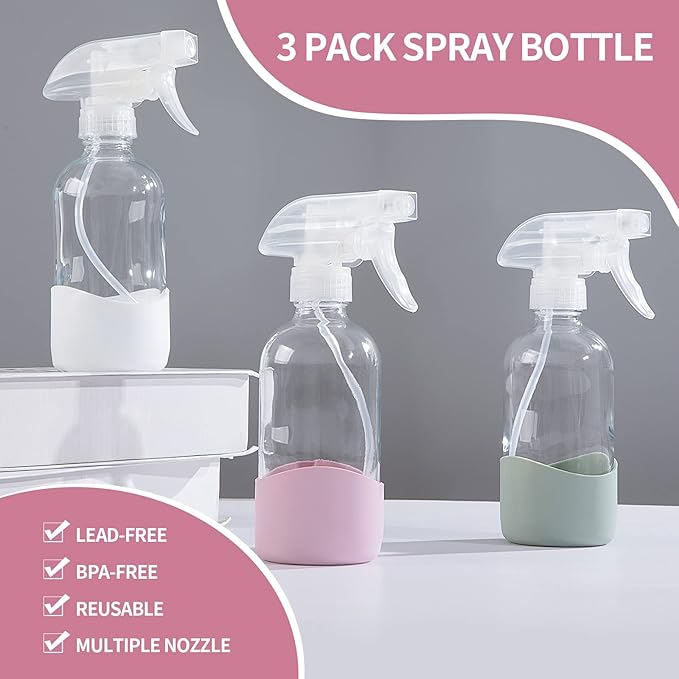 HOMBYS 8 Oz Empty Clear Glass Spray Bottles with Silicone Sleeve Protection Refillable Containers for Cleaning Solutions, Essential Oils, Misting Plants - Quality Sprayer - 3 Pack Boston Bottles