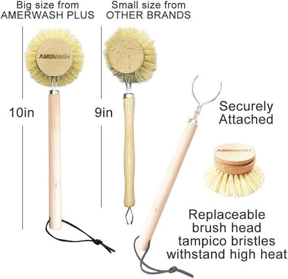 Dish Brush with Wooden Handle, Natural Kitchen Brush for Dishes Vegetable, Pots and Pans, Tampico Fiber Bristles Scrubber, Extra 3 Pack Replacement Head Included
