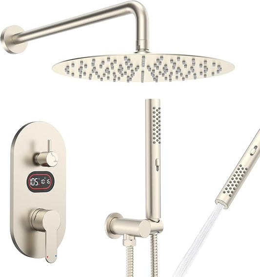 Round Shower Faucet Set with Hydro Power Temperature Display, Shower System Bathroom 12 In Shower Head with Handheld Spray, Wall Mounted Shower Fixtures with Shower Valve and Trim Kit-Brushed Nickel