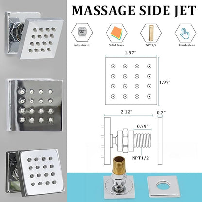HOMEDEC 2inch Brass Shower Body Sprayer Jets Shower Head, Valve Needed (6pcs, Square-Chrome)
