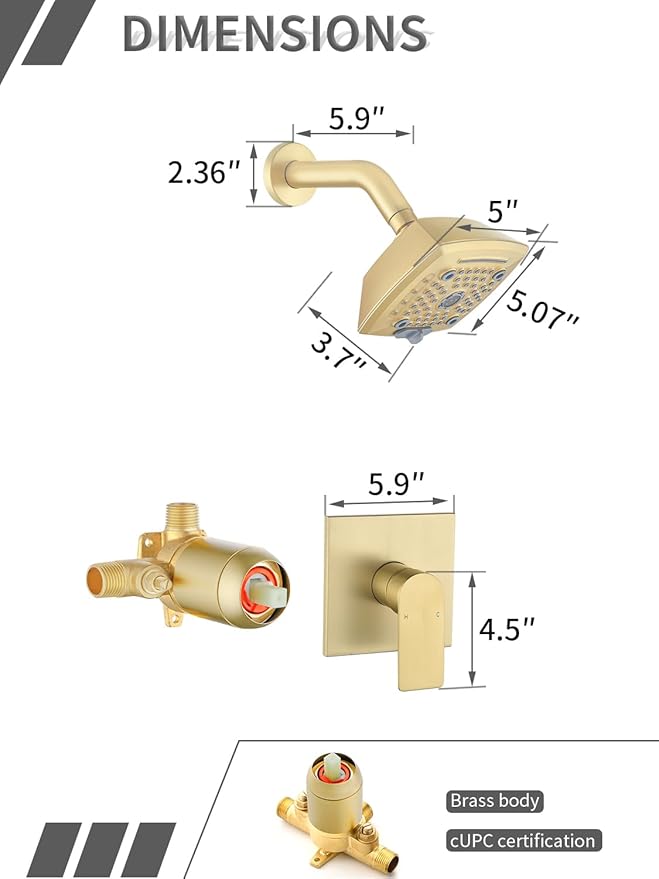 Brushed Gold Shower Faucet Set 6 Setting Shower Head 5 Inch Shower Trim Kit Modern shower valve kit High Pressure Shower Fixtures Shower System