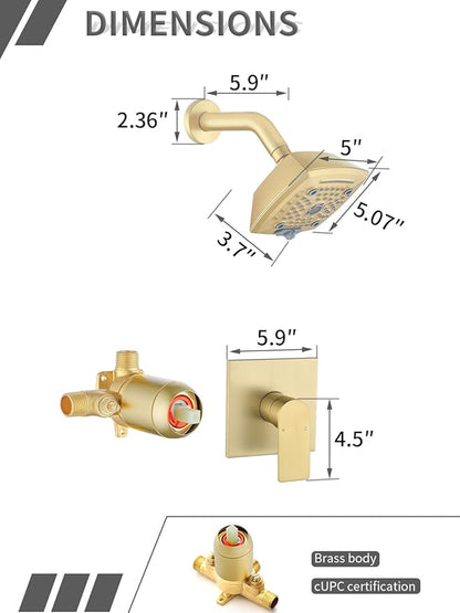 Brushed Gold Shower Faucet Set 6 Setting Shower Head 5 Inch Shower Trim Kit Modern shower valve kit High Pressure Shower Fixtures Shower System