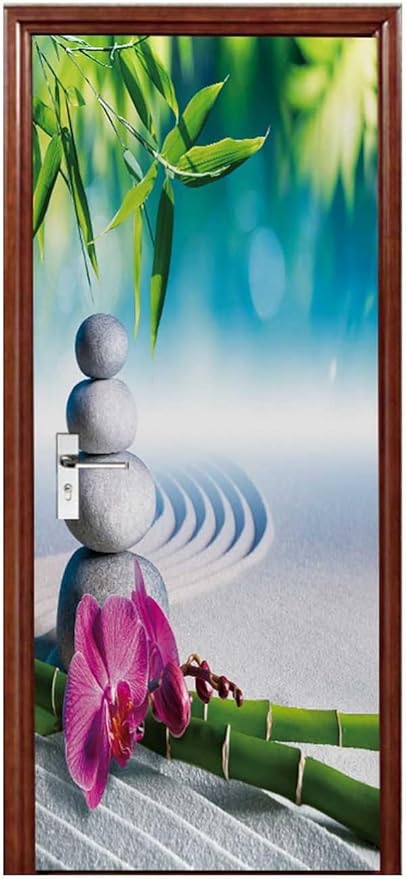 A.Monamour 3D Door Stickers for Interior Doors Sand Orchid Bamboo Massage Stones in Zen Garden Vinyl Waterproof Self Adhesive Door Mural Decals for Bedroom Office Bathroom 85x215cm