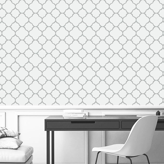 GloryTik Grey and White Peel and Stick Wallpaper Modern Trellis Contact Paper Removable Self Adhesive Geometric Waterproof Wall Paper for Bathroom Cabinets Living Room Wall Decor Vinyl Roll 17.7"ｘ394"