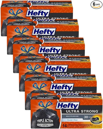 Hefty Ultra Strong Multipurpose Large Trash Bags, Black, Unscented, 30 Gallon 14 Count (Pack of 6)