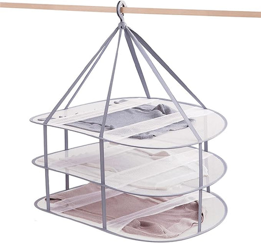 3 Tier Folding Mesh Clothes Drying Rack, Stackable Sweater Drying Rack with Internal Fixation, Portable Hanging Laundry Rack for T-Shirt,Swimsuit,Sweater,Delicates (1 Pack)