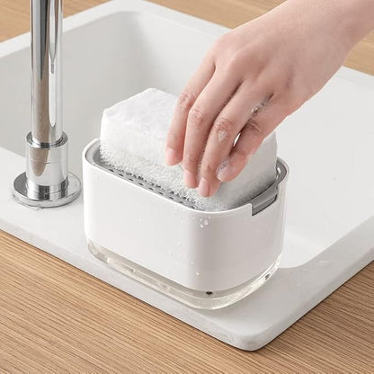 Soap Detergent Dispenser, 2-in-1 Pump, Sponge Holder Rack Shelf, Countertop Caddy, Dishwashing Hand Soap Dispenser for Kitchen, Bathroom, Liquid Hand Pump Dispenser (Sponge Included) - White