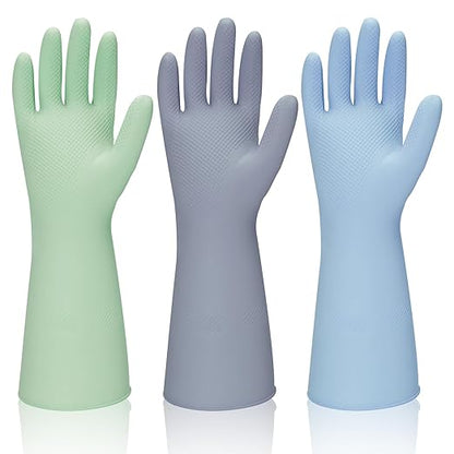 Rubber Kitchen Dishwashing Gloves - 3 Pairs Reusable Household Cleaning Gloves, Flexible and Durable & Non-slip Cleaning Gloves, Great for Kitchen, Bathroom, Laundry (Medium, Green+Blue+Grey)