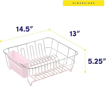 Dish Drying Rack & Cutlery Holder 2 Piece Set - Compact Sink-Fitting Dish Drainer with Rubberized Undercoating, Space-Saving Kitchen Organizer for Plates, Cups, Bowls & Utensils in Sink, Pale Pink