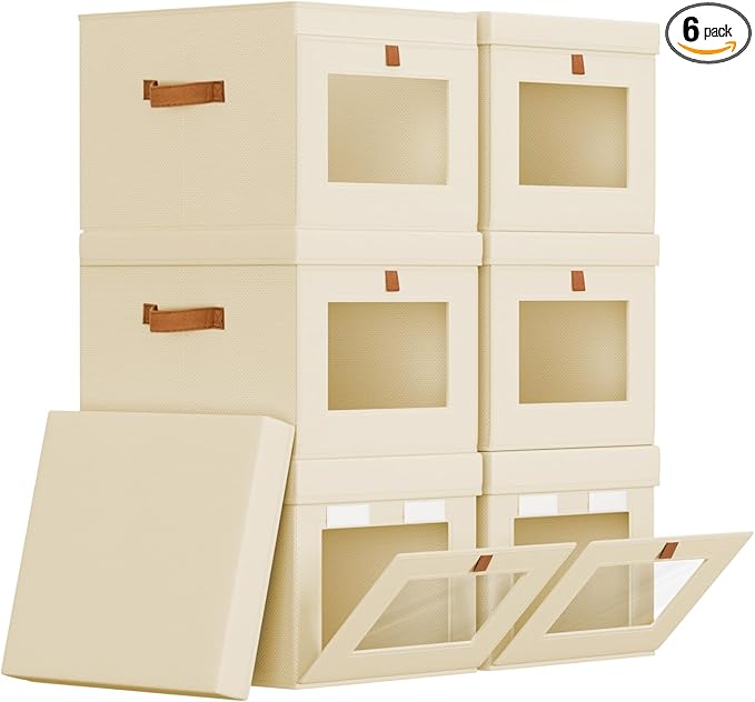 Storage Bins with Lid – Closet Organizer with Side Opening and Clear Window, Foldable Stackable Fabric Basket for Clothes, Home, Office - 13.77" x 11.8" x 9.8", 6 Pack, Beige