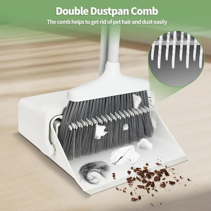 CQT Broom and Dustpan Set with Handle, Brush and Dustpan Set for Home Kitchen Cleaner Floor Sweeping Upright Stand Up Dust pan Cleans Combo (White)