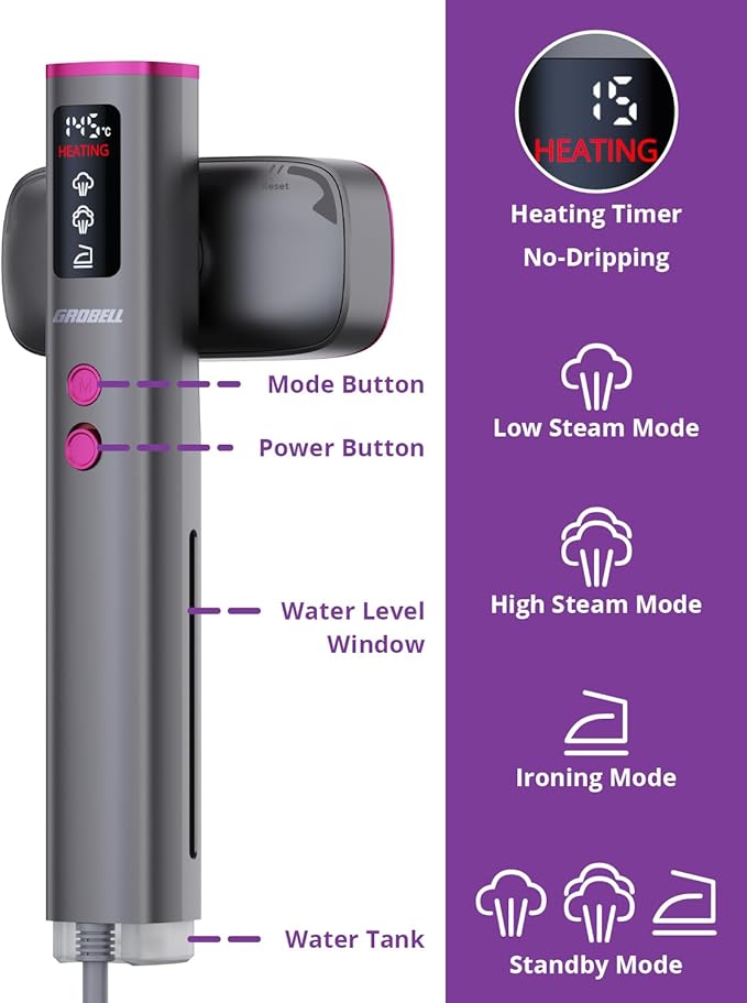 Travel Garment Steamer for Clothes: 100V-220V Portable Hand Held 2 In 1 Steam Iron, 20s Smart Fast Heat Up Handheld Clothing Steamer, 4 Modes with LED Display, Travel Size, for Global Voltage