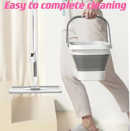 Bucket with Wringer Set, 6 Piece Microfiber Flat Mop Cleaning System with Long Handle, Hands Free Floor Cleaner for Hardwood, Tile & Wall (1 Mop + 6 Microfiber Pads + 1 Bucket)
