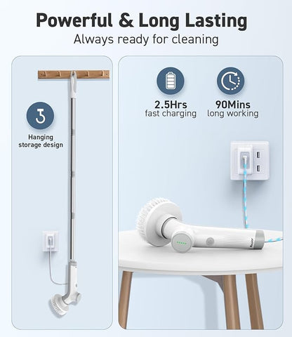 VEWIOR Electric Spin Scrubber, Cordless Cleaning Brush with 3 Adjustable Angle 2 Speeds 3 Replaceable Brush Heads for Floor Bathroom Tub Tile Kitchen Window
