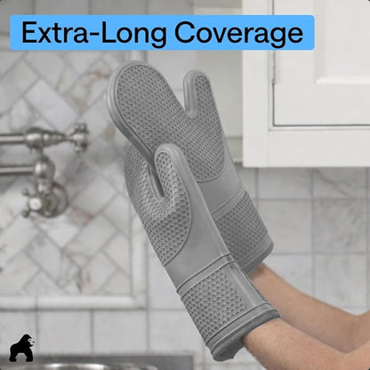 GORILLA GRIP BPA-Free Soft Silicone Oven Mitts, 14.5x8.3, Heat Resistant and Waterproof Cooking Gloves, Thick Cotton Lining, Flexible Gripping for Baking Grilling, Kitchen Potholders Set of 2, Gray