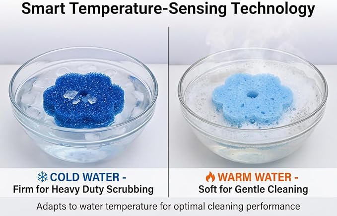 Scrub Flower Temperature Sensitive Sponges -Non-Scratch Scrubbers for Kitchen & Home - Firm in Cold & Soft in Warm Water - Odor Resistant Color-Coded Dish Sponges (Sapphire Hydrangea, 3 Count)