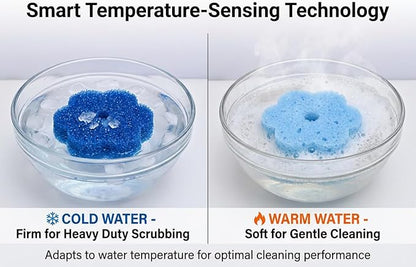 Scrub Flower Temperature Sensitive Sponges -Non-Scratch Scrubbers for Kitchen & Home - Firm in Cold & Soft in Warm Water - Odor Resistant Color-Coded Dish Sponges (Sapphire Hydrangea, 3 Count)