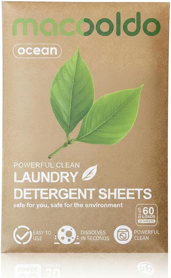 Macooldo Travel Laundry Detergent Sheets Paper Soap 60 Loads Loads for handwashing hats, lingerie, bras, panties, and pantyhose. Perfect for Travel, Cruise, Camping, Dorms, Laundromat, Ocean Scent
