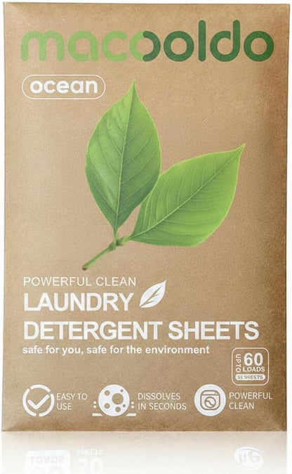 Macooldo Travel Laundry Detergent Sheets Paper Soap 60 Loads Loads for handwashing hats, lingerie, bras, panties, and pantyhose. Perfect for Travel, Cruise, Camping, Dorms, Laundromat, Ocean Scent