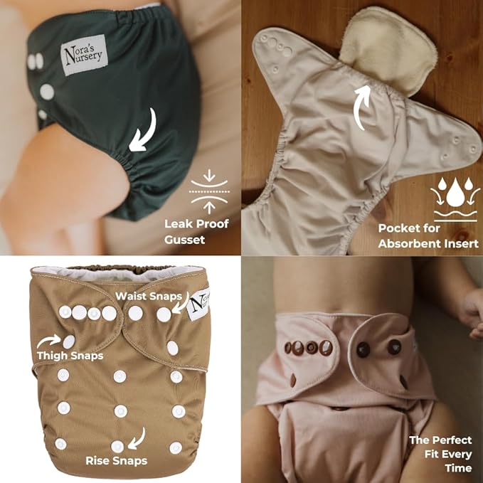 Nora's Nursery Cloth Pocket Diapers 4 Pack with 4 Inserts - Waterproof Cover, Washable, Reusable & One Size Adjustable Pocket Diapers for Newborns and Toddlers - Amethyst