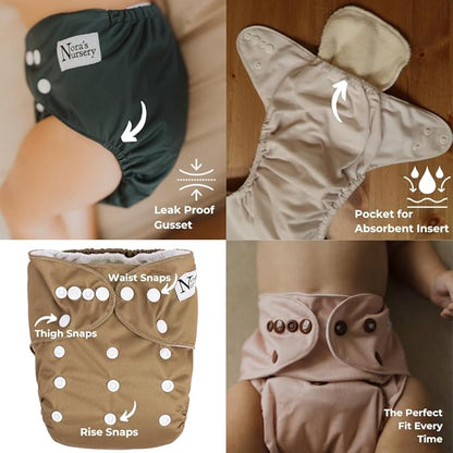 Nora's Nursery Cloth Pocket Diapers 4 Pack with 4 Inserts - Waterproof Cover, Washable, Reusable & One Size Adjustable Pocket Diapers for Newborns and Toddlers - Meadow