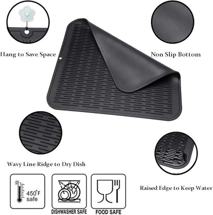 ZLR 2 Pcs Large Silicone Dish Drying Mat (16" x 18") - XL Heavy Duty Drainboard Mat for Pots, Pans & Family Loads - Heat Resistant Trivet & Counter Protector, Easy Clean (Black)