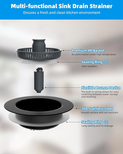 Hibbent 2 Pack 3 in 1 Kitchen Sink Drain Strainer and Stopper Combo, Stainless Steel Metal Pop Up Sink Stopper, Anti-Clogging Basket Strainer with Handle for US Standard 3-1/2 Inch Drain, Black