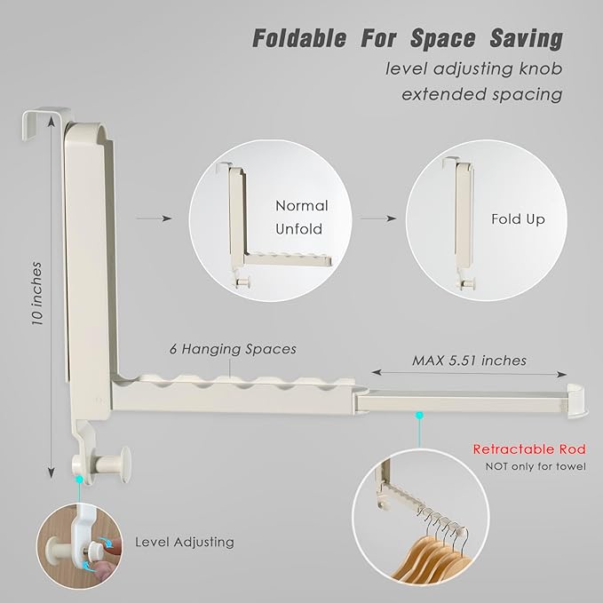 Over The Door Drying Rack for Clothes - 2 Brackets For Different Door Thickness - All Metal Fold Away Clothes Rails (Ivory White)