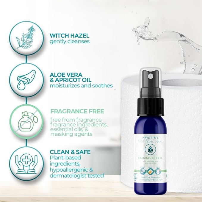 PRISTINE Toilet Paper Spray, As Seen on Shark Tank, Flushable Wipe Alternative, Personal Cleansing Bathroom Spray for Regular Toilet Tissue, Bidet Alternative, Made in USA, Fragrance Free, 1 oz Bottle