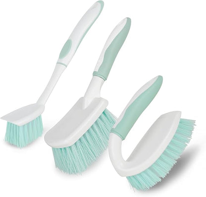 3 Pack Bathroom Scrub Brush Set, Heavy-Duty Scrub Brushes for Cleaning Floor, Green Scrubbing Brush with Non-Slip Handle and Stiff Bristles for Bathtub, Tub, Tile, Gap, Kitchen, Sink
