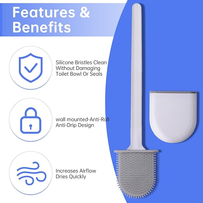 RV Essentials, RV Toilet Brush – Camper Must Have Silicone Toilet Brush for Travel Trailer, Wall Mounted Toilet Brush-Anti-Roll, Anti-Drip Design, Suitable for RV Travel Trailers and Campers