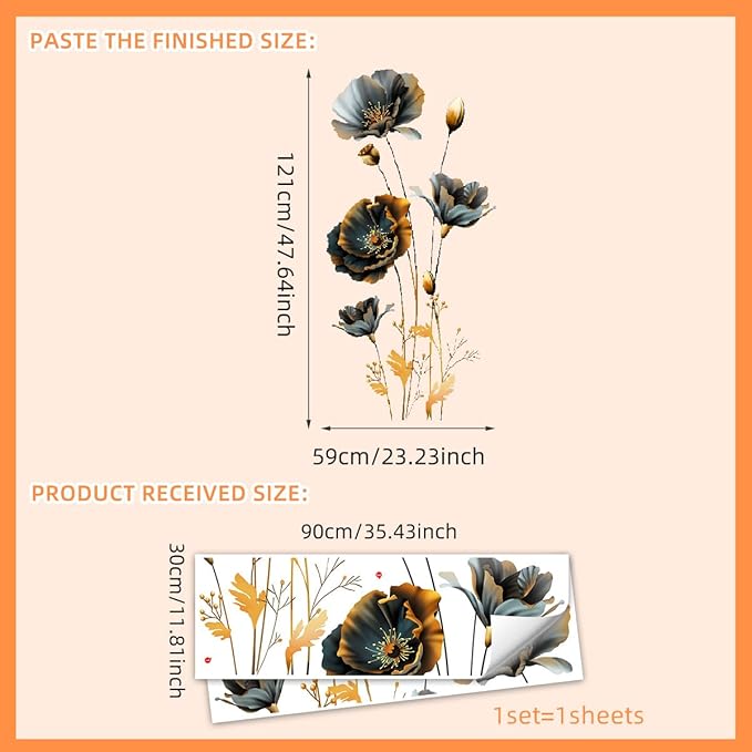 3D Wall Stickers Black Gold Floral Wall Art Decal Decor for Bedroom Living Room Offices Home Decoration