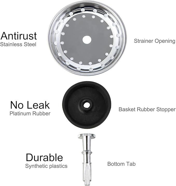 CORNERJOY 2 PCS Kitchen Sink Strainer and Stopper Combo Basket Replacement for Standard 3-1/2 inch Drain,Stainless Steel Basket with Rubber Stopper Bottom