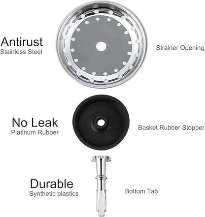 CORNERJOY 2 PCS Kitchen Sink Strainer and Stopper Combo Basket Replacement for Standard 3-1/2 inch Drain,Stainless Steel Basket with Rubber Stopper Bottom