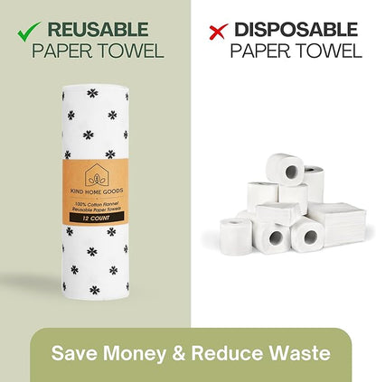Reusable Paper Towels (12"x10”) - Soft Absorbent 100% Cloth Paper Towel - Washable Paper Towels Rolls w/Cardboard Roll - Napkins Washable - Reusable Dish Cloths (Minimalist, 12x10inch)