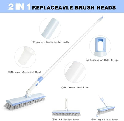 Floor Scrub Brush and V-Shape Grout Brush with Long Handle 3 in 1 Replaceable Head Scrape Brush Stiff Bristle with Swivel Head for Cleaning Tiles Hardwood Floors Patios Blue