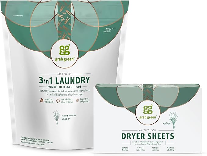 Grab Green 3-in-1 Laundry Detergent Pods and Dryer Sheet Bundle, 60 Count Pods and 80 Dryer Sheets, Vetiver Scent, Plant and Mineral Based Laundry Care Set