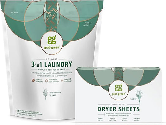 Grab Green 3-in-1 Laundry Detergent Pods and Dryer Sheet Bundle, 60 Count Pods and 80 Dryer Sheets, Vetiver Scent, Plant and Mineral Based Laundry Care Set