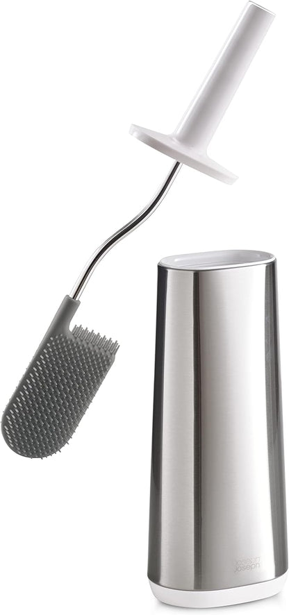 Joseph Joseph Flex Hygienic Silicone Toilet Brush with Slim Holder Set, Flexible Anti-drip, Anti-Clog Deep Clean Head - Stainless Steel