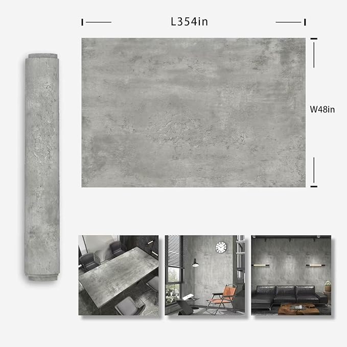 48"x354" Extra Wide Big Roll Light Grey Concrete Wallpaper Peel Stick Thick Grey Concrete Contact Paper Adhesive Removable Waterproof Vinyl Matte Industrial Wall Paper for Gym Bathroom Cafe