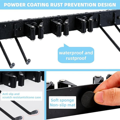 Broom Holder Door Mount,Door Mounted Broom and Mop Holder with Dual Tool Hooks, Three Slots, and One Tool Storage Basket For Laundry Room, Garage, Closet, warehouse, Kitchen Decor (grey)