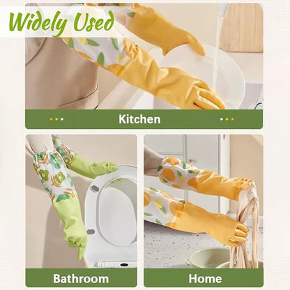2 Pairs Rubber Dishwashing Cleaning Gloves, Reusable Latex Free Kitchen Dish Gloves with Cotton Lined, Non-Slip Waterproof Household Gloves for Laundry, Working, Gardening (Yellow & Green)