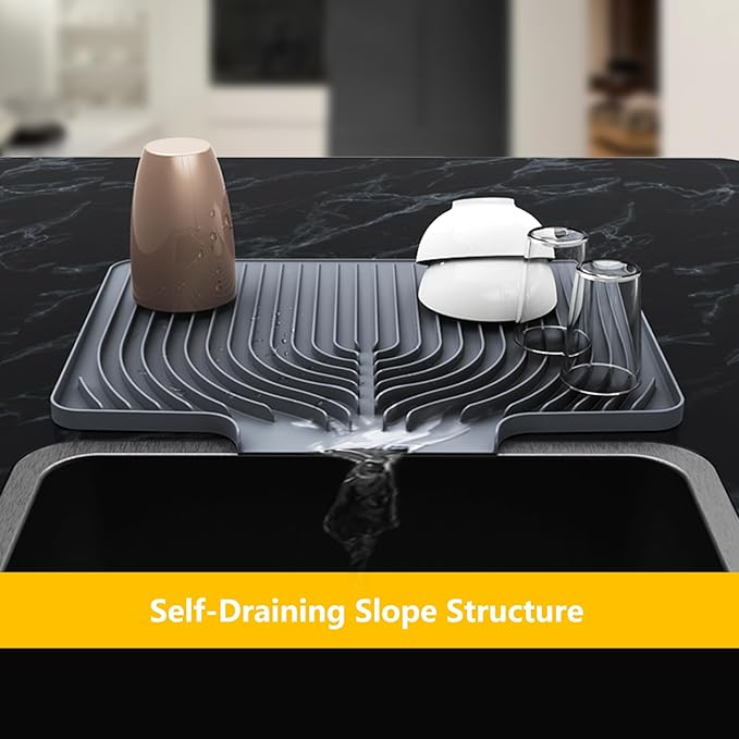 Silicone Drying Mat for Kitchen Counter , Dish Drying Rack Matt with Built in Drain, Small Dry Mats for Dishes Drying Pad for Kitchen Counter (20×15.7inch Extra Large, gray)
