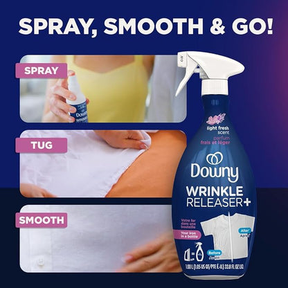 Downy Wrinkle Releaser Spray,All In One Wrinkle Release Spray,Odor Eliminator,Static Remover,Fabric Refresher & Ironing Aid for Clothes,33.8 Fl Oz,Light Fresh Scent,(Pack of 4)