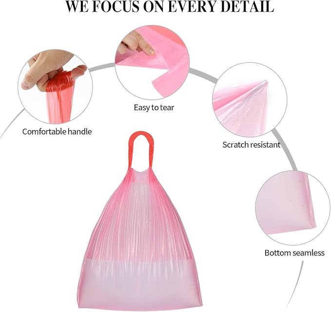 3Rolls Drawstring Small Trash Bags,4 Gallon Thicken Drawstring Small Garbage Bags for Kitchen,Bathroom,Bedroom,Home,Office Trash Cans，60 Counts (Pink)
