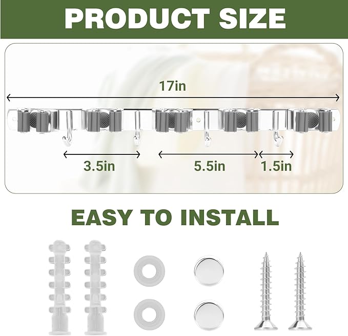 UNIFUN Broom Holder Wall Mount, Broom Organizer Wall Mount Stainless Steel Broom and Mop Hanger Heavy Duty Storage Organization for Home Kitchen Garden Garage Room 5 Racks 4 Hooks (1Pack)(Grey Racks)
