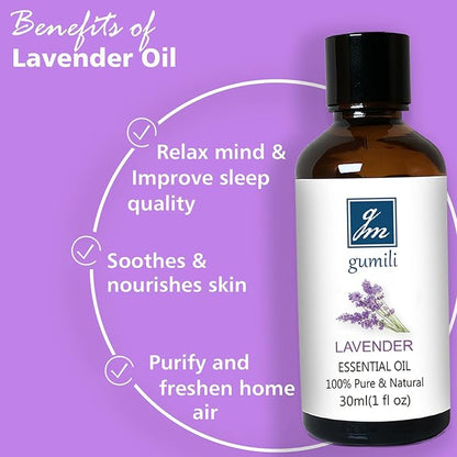 GM Gumili Lavender Essential Oil, Pure Lavender Oil for Skin, Hair, Diffuser, Spray, Body Wash, Lotion, Soap, Household - 1 Oz/30ml
