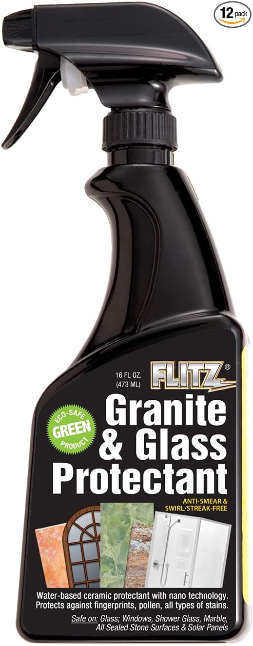 Flitz Granite & Glass Protectant - 16oz Bottle of USA-Made Granite Sealer and Glass Countertop Protector - Cleans & Prevents Liquid, Stains, & Others - Also Works on Marble & All Metals (12 Pack)