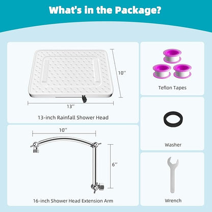 Hibbent Rain Shower Head, 13'' High Pressure Rainfall Square 5 Spray Mode Showerhead with 16" Shower Head Extension Arm, Solid Brass Adjustable Shower Arm Extender, Waterfall fixed Showerheads, Silver
